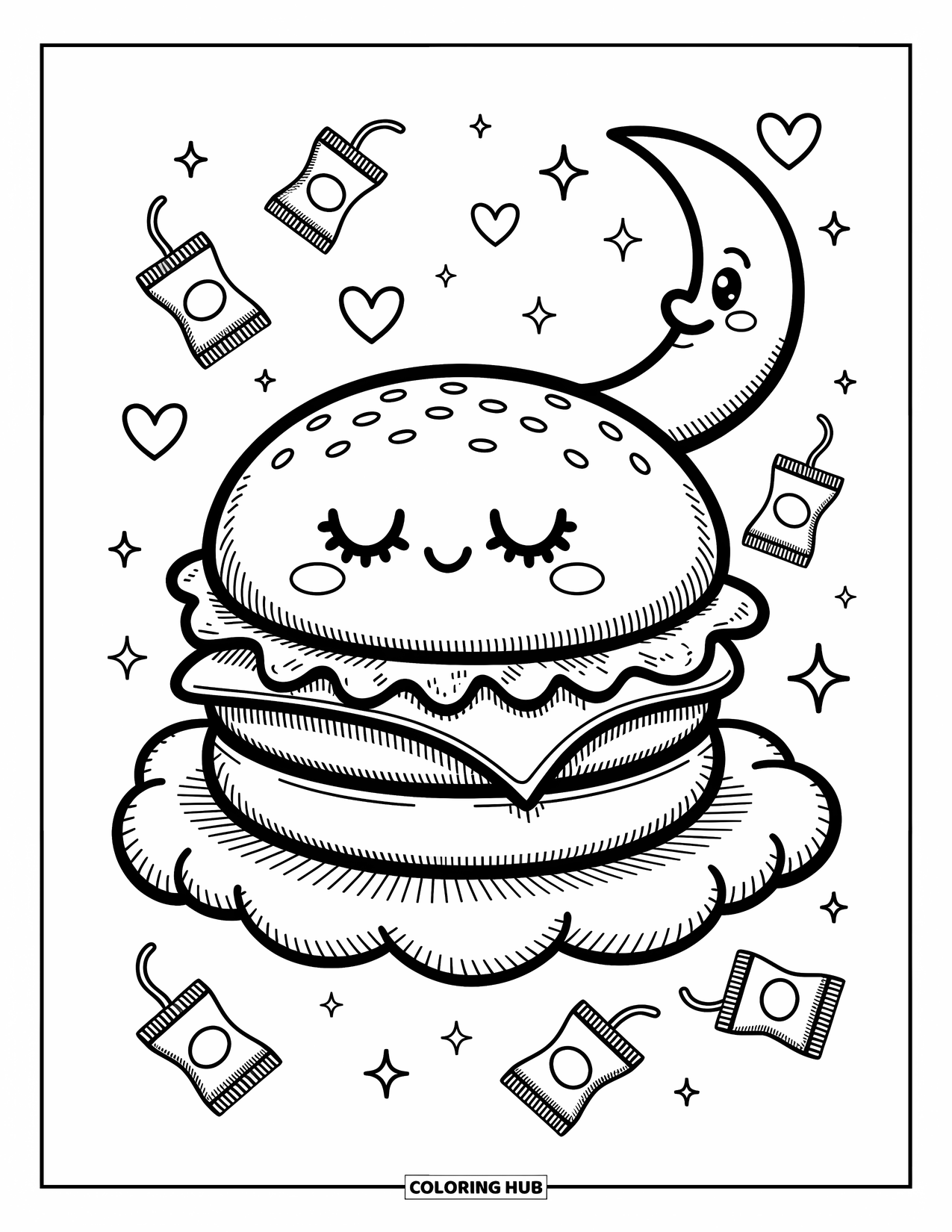 Hamburger Coloring Page for Adults: Cute napping burger on a cloud with sparkling hearts, sauces, and a smiling moon