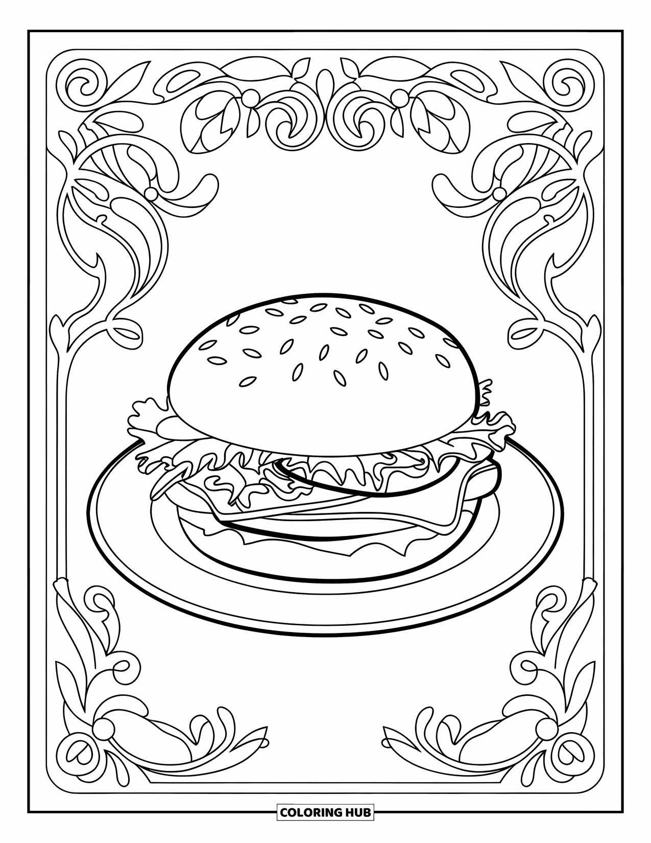 Hamburger Coloring Page for Adults: Decorative vines and swirls frame a hamburger on a plate