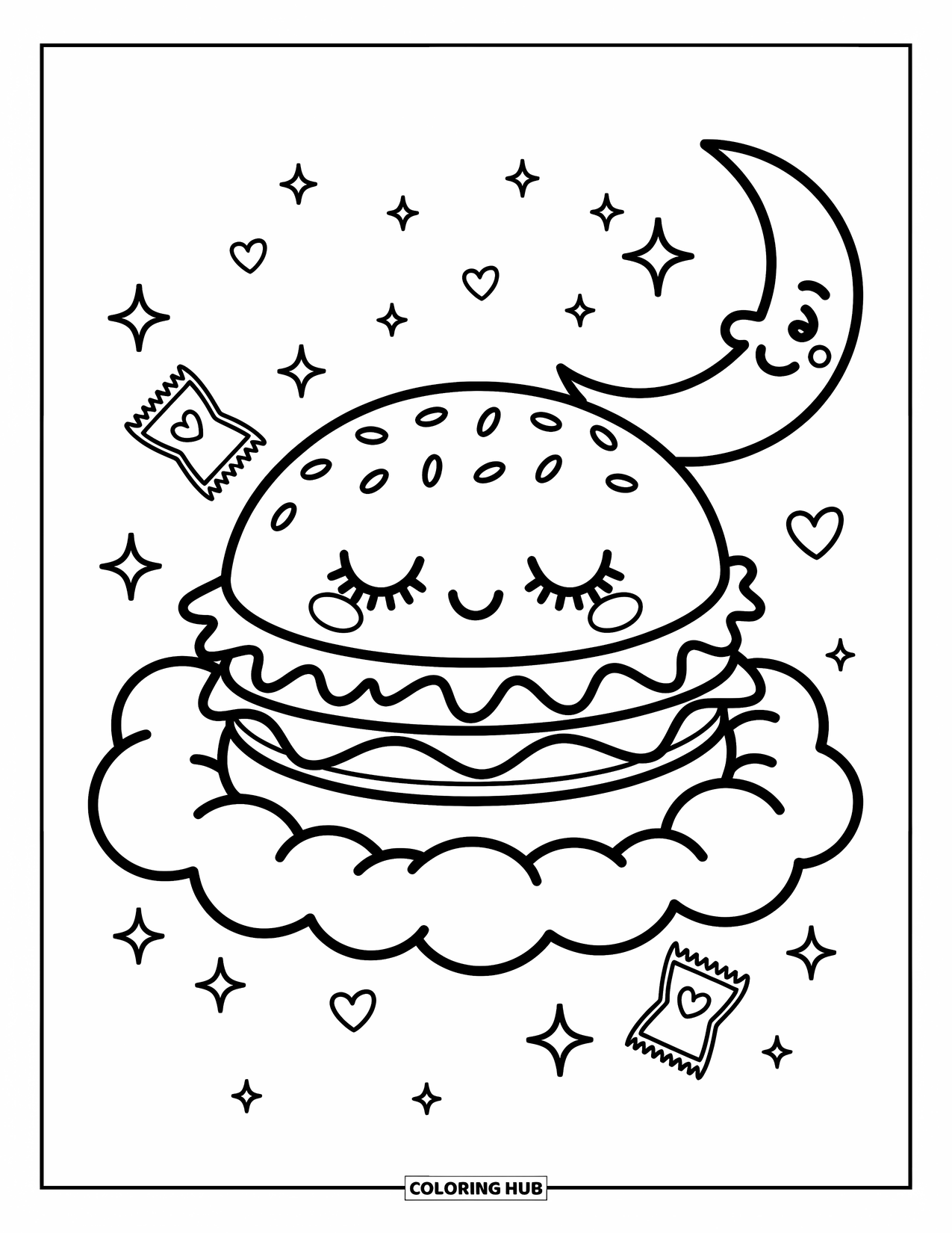Hamburger Coloring Page for Adults: Floating hamburger rests on a puffy cloud surrounded by dreamy hearts and condiment stars