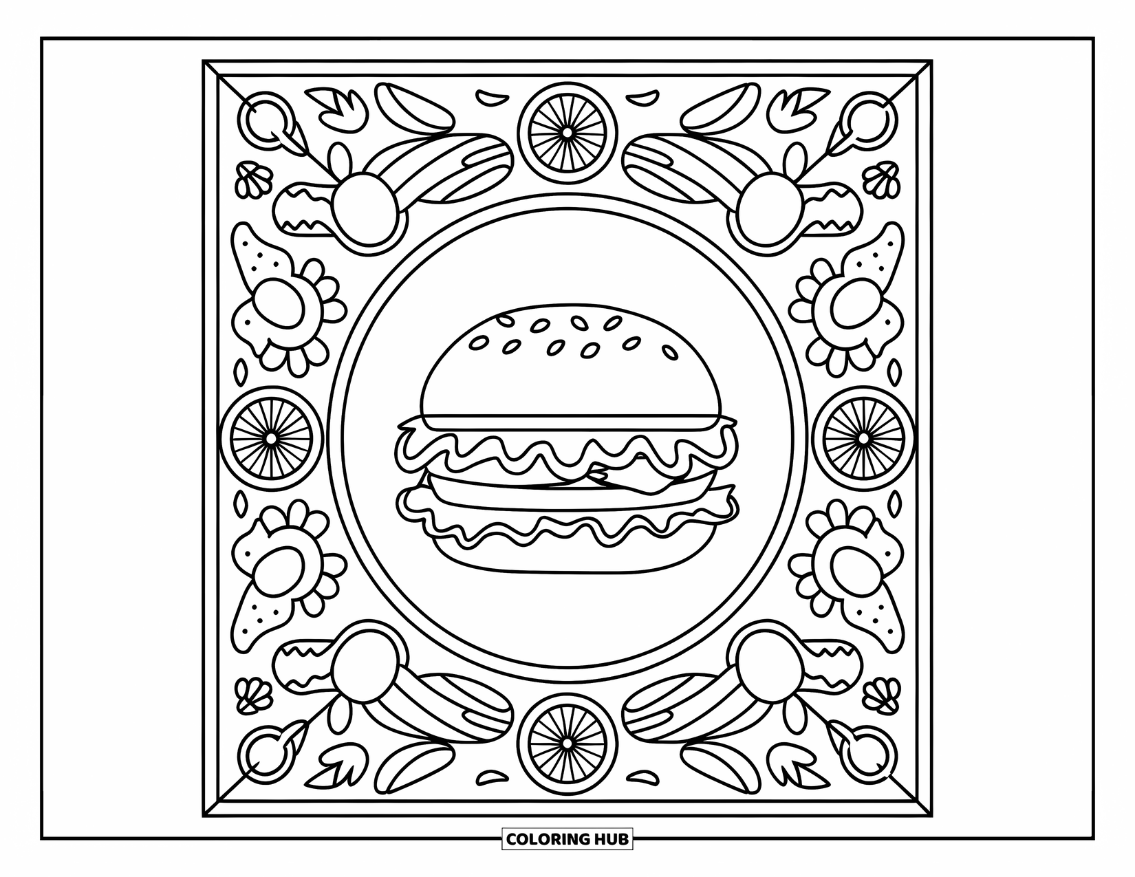 Hamburger Coloring Page for Adults: Hamburger framed by garden veggies and symmetrical decorative patterns