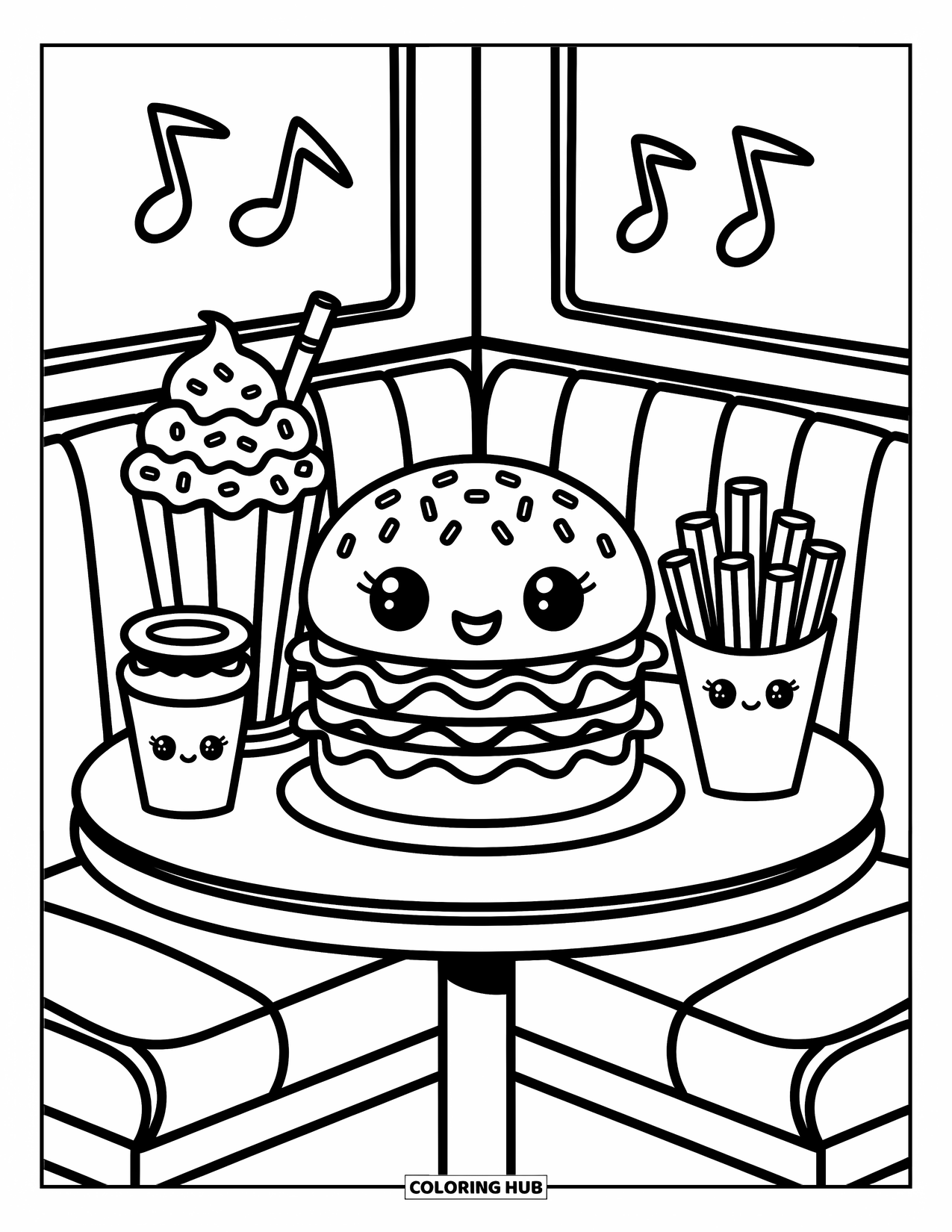 Hamburger Coloring Page for Adults: Hamburger hangs out with fries, a milkshake, and onion rings in a 50s diner booth