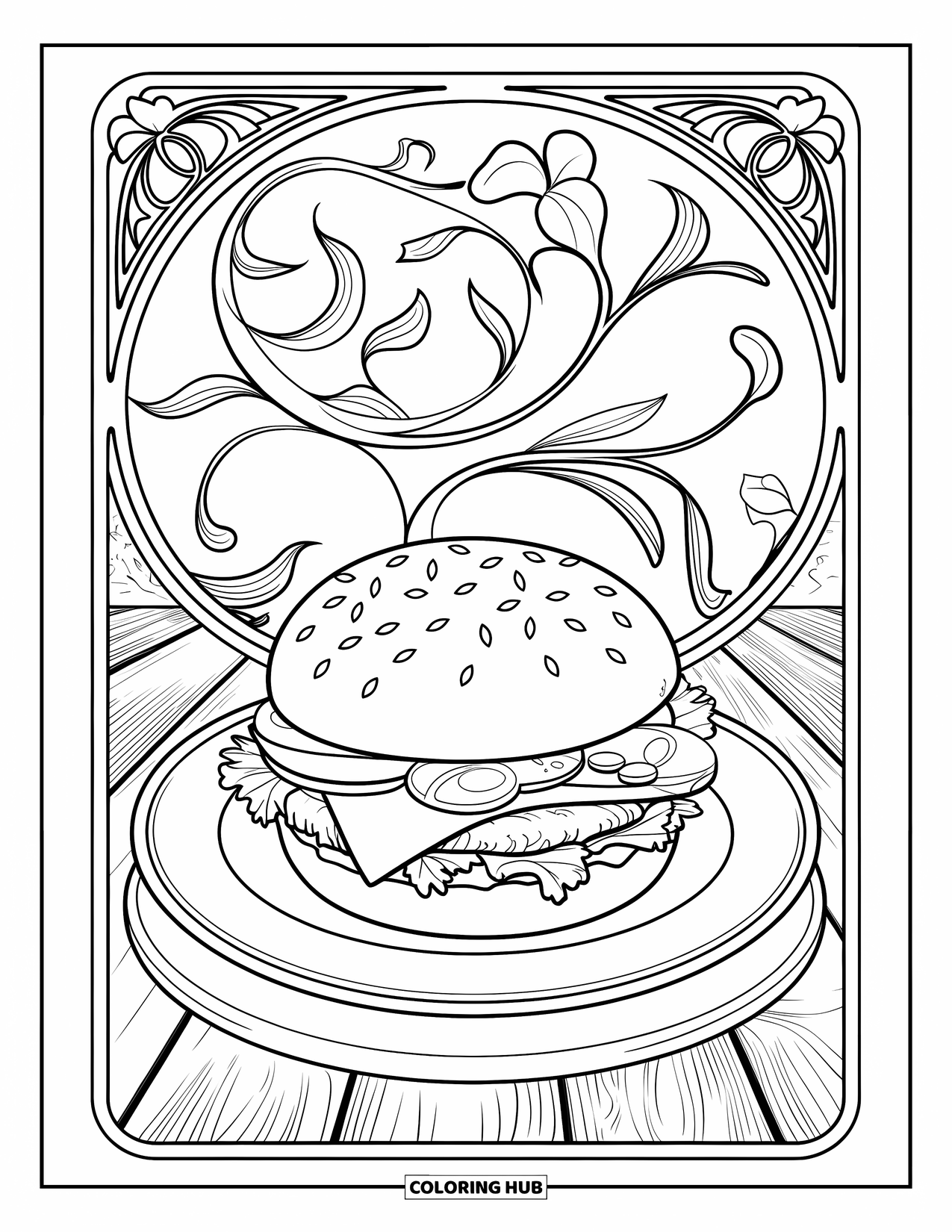 Hamburger Coloring Page for Adults: Hamburger on a wooden surface with art nouveau vines and detailed background