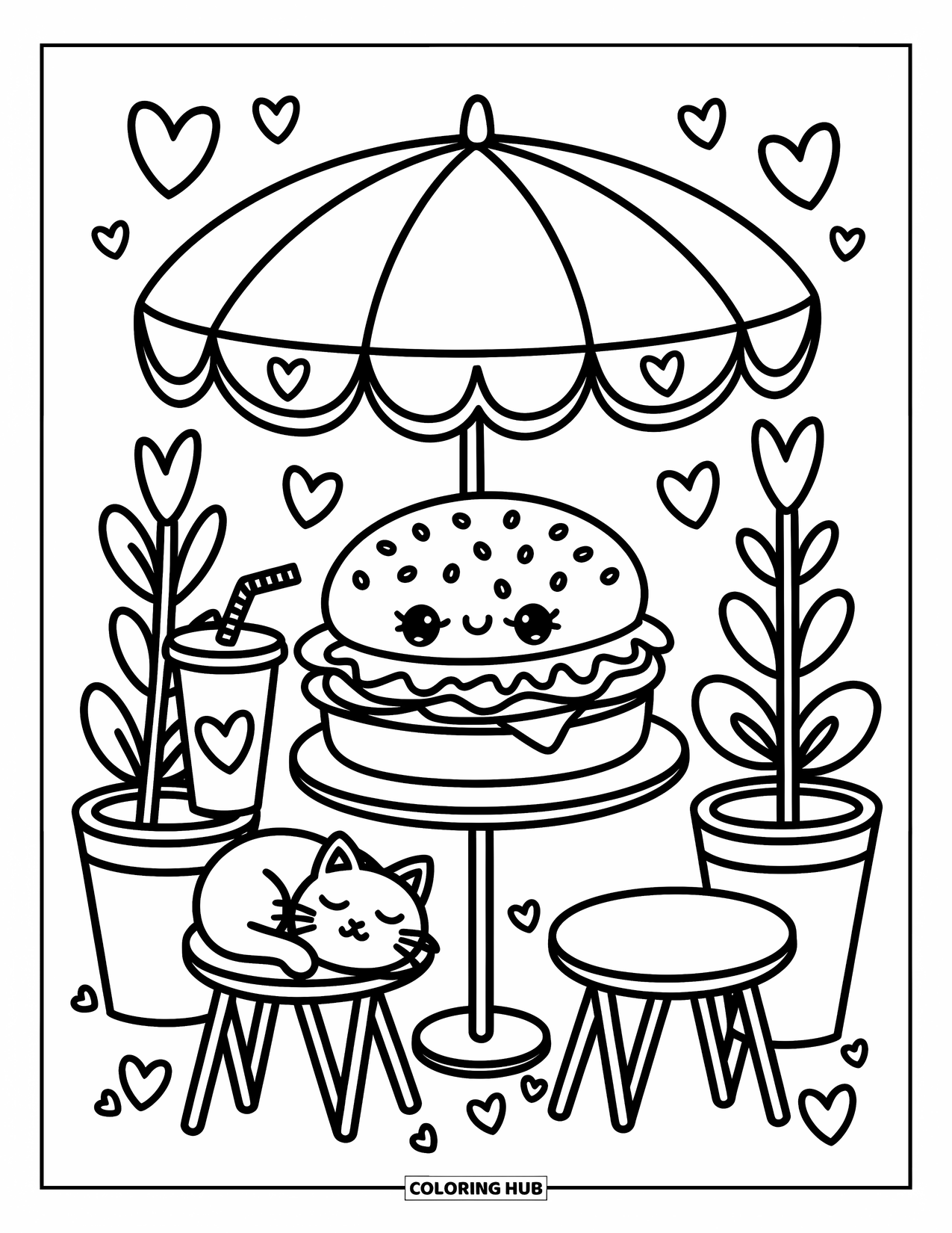 Hamburger Coloring Page for Adults: Hamburger rests under a star umbrella near heart-leaf plants and a curled-up sleeping cat