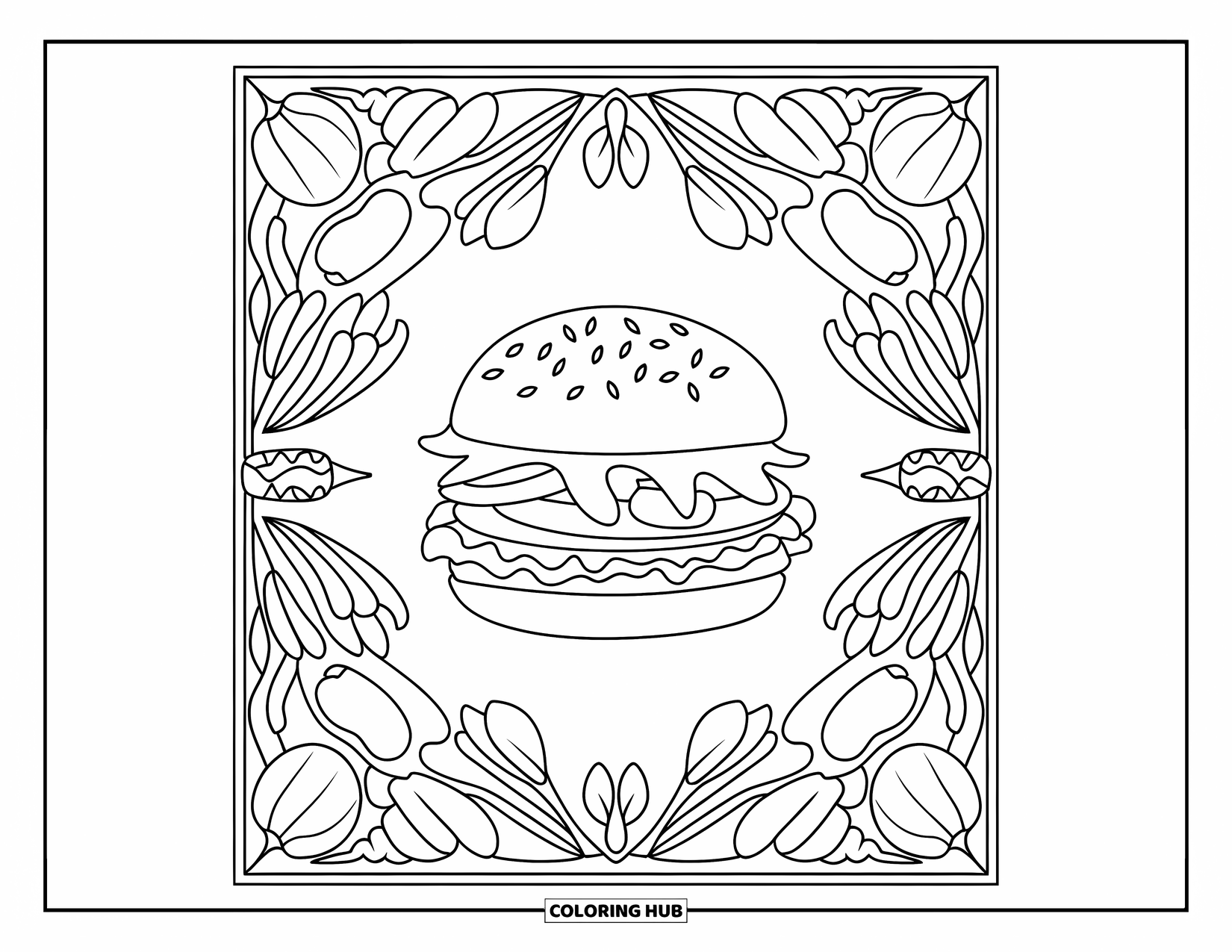 Hamburger Coloring Page for Adults: Hamburger with lettuce and tomato in a veggie-themed decorative frame