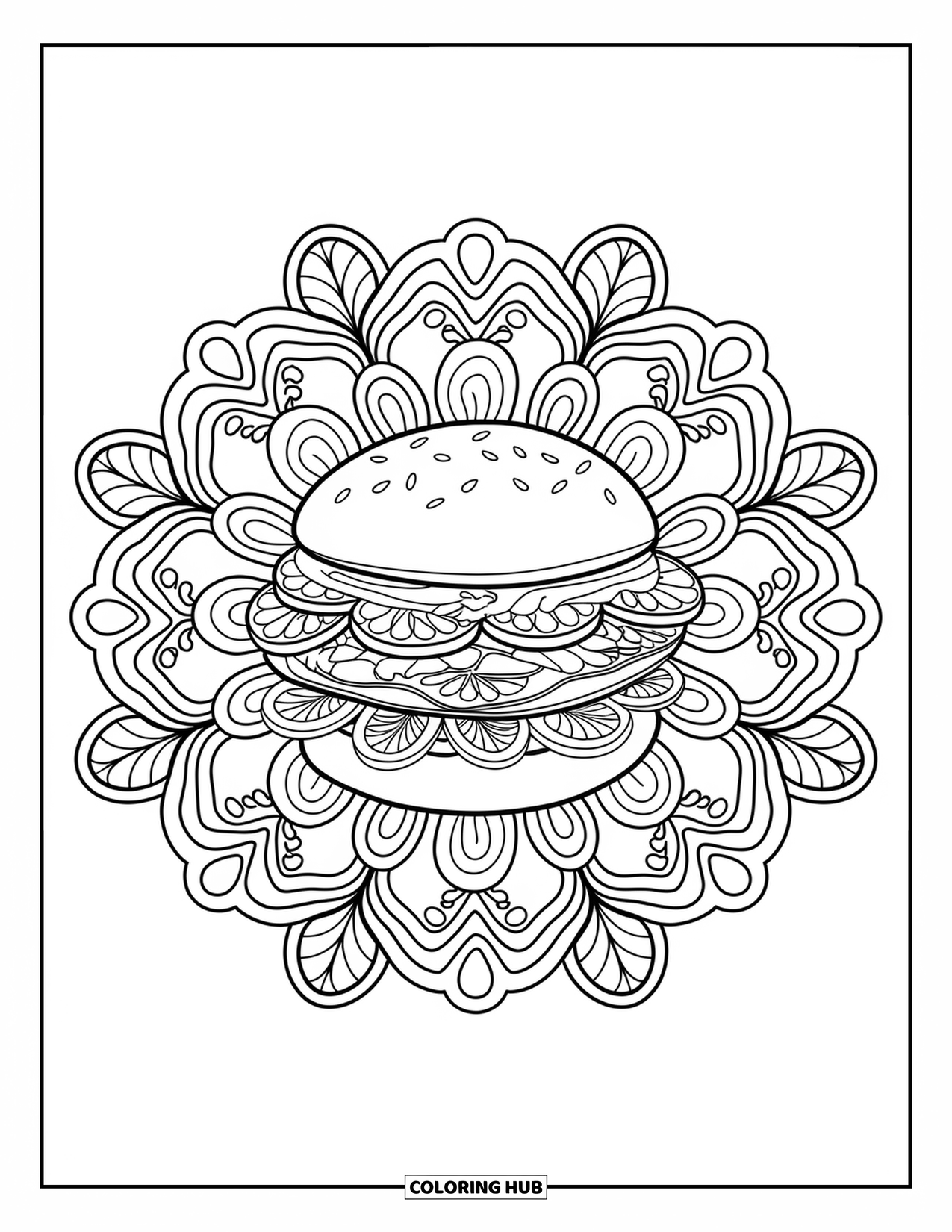 Hamburger Coloring Page for Adults: Intricate mandala of tomatoes and lettuce encircles a detailed hamburger