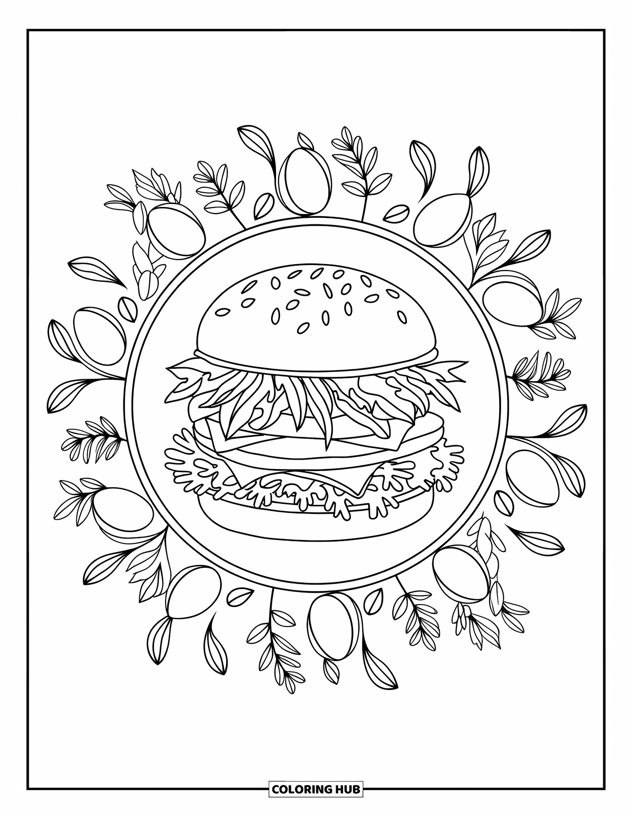 Hamburger Coloring Page for Adults: Intricately layered hamburger centered in a circular mandala of herbs and petals