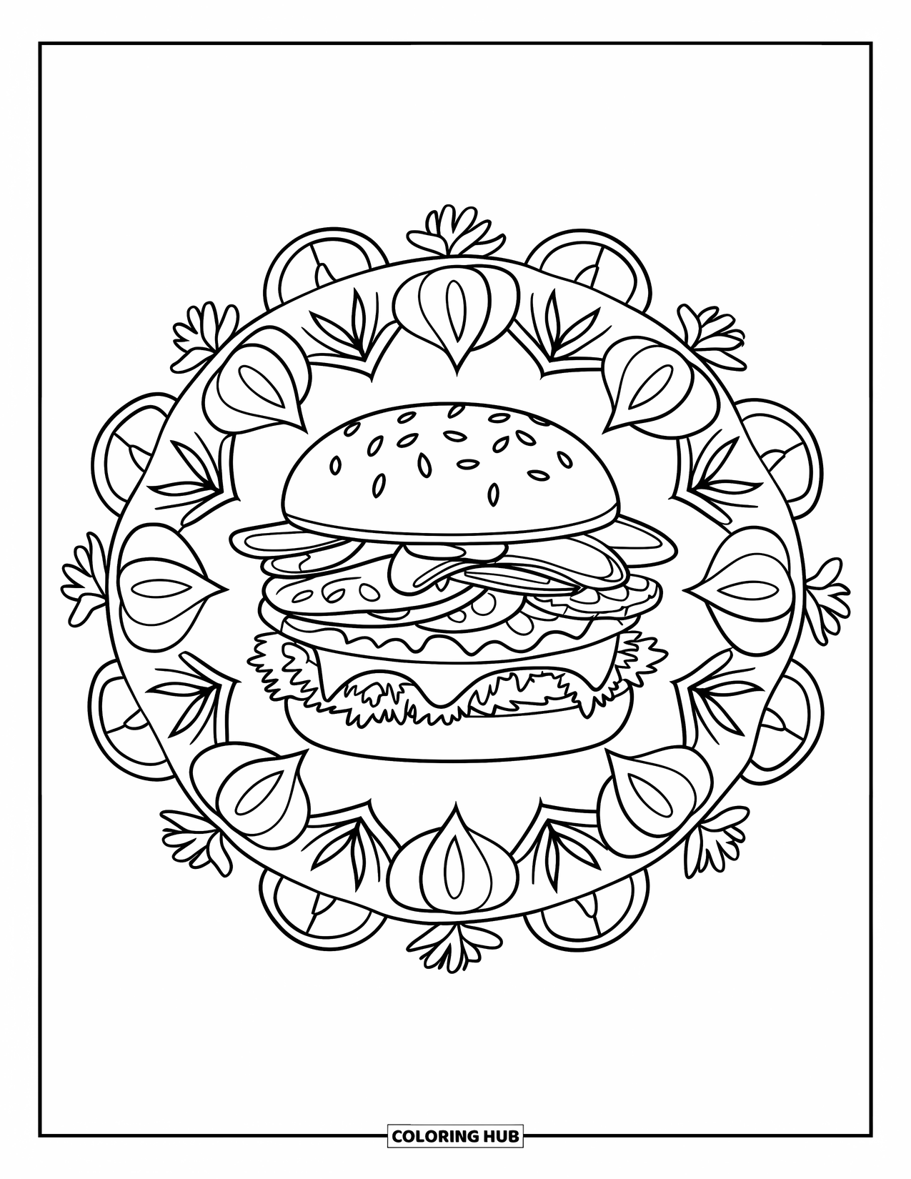 Hamburger Coloring Page for Adults: Layered burger in the middle of a seed and petal-filled mandala