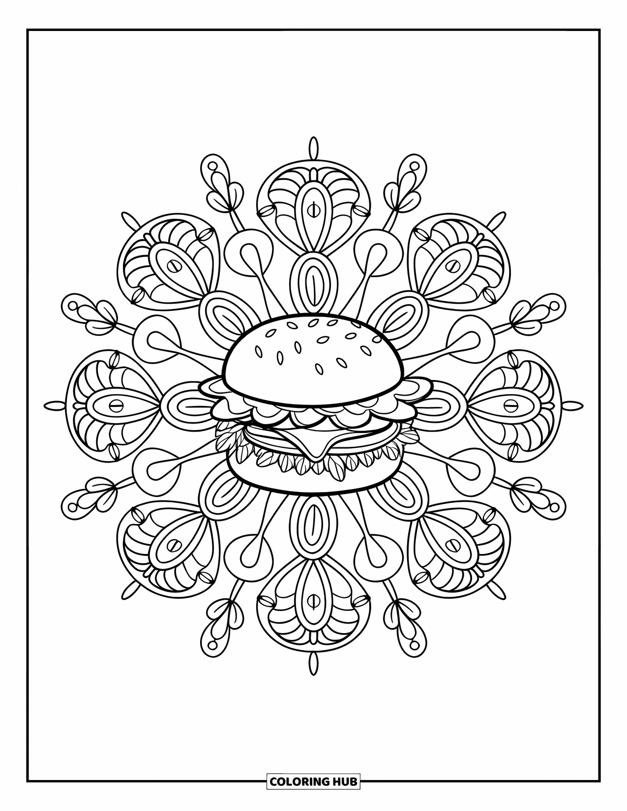 Hamburger Coloring Page for Adults: Mandala design with a hamburger and swirling herb patterns