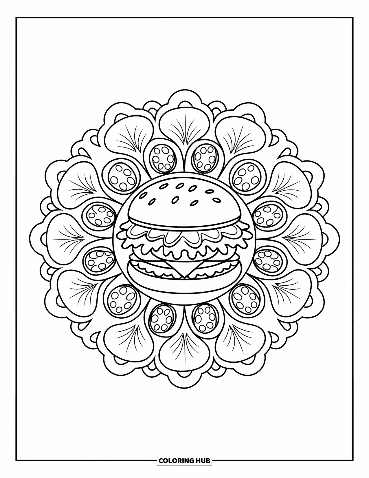 Hamburger Coloring Page for Adults: Mandala made of tomato slices and lettuce leaves with a burger in the middle