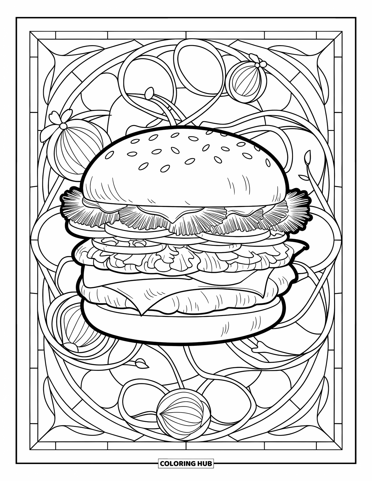 Hamburger Coloring Page for Adults: Realistic hamburger surrounded by stained-glass onion rings and floral vines
