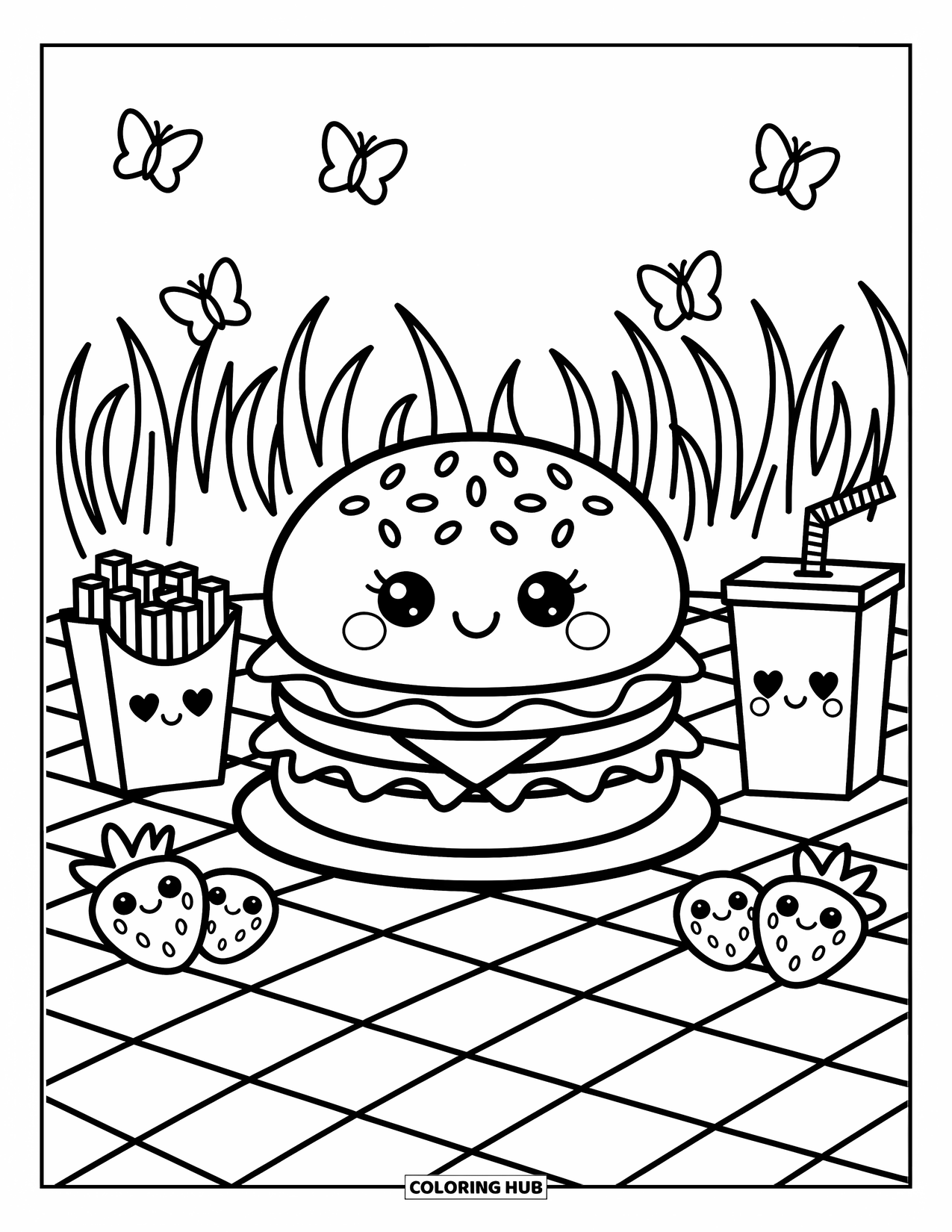 Hamburger Coloring Page for Adults: Smiley hamburger sits on a picnic blanket with fries, juice, and happy strawberries