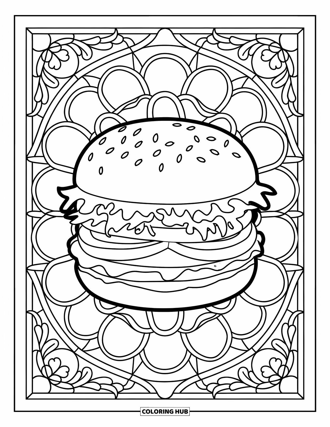 Hamburger Coloring Page for Adults: Stained-glass style vines and onion rings frame a juicy hamburger