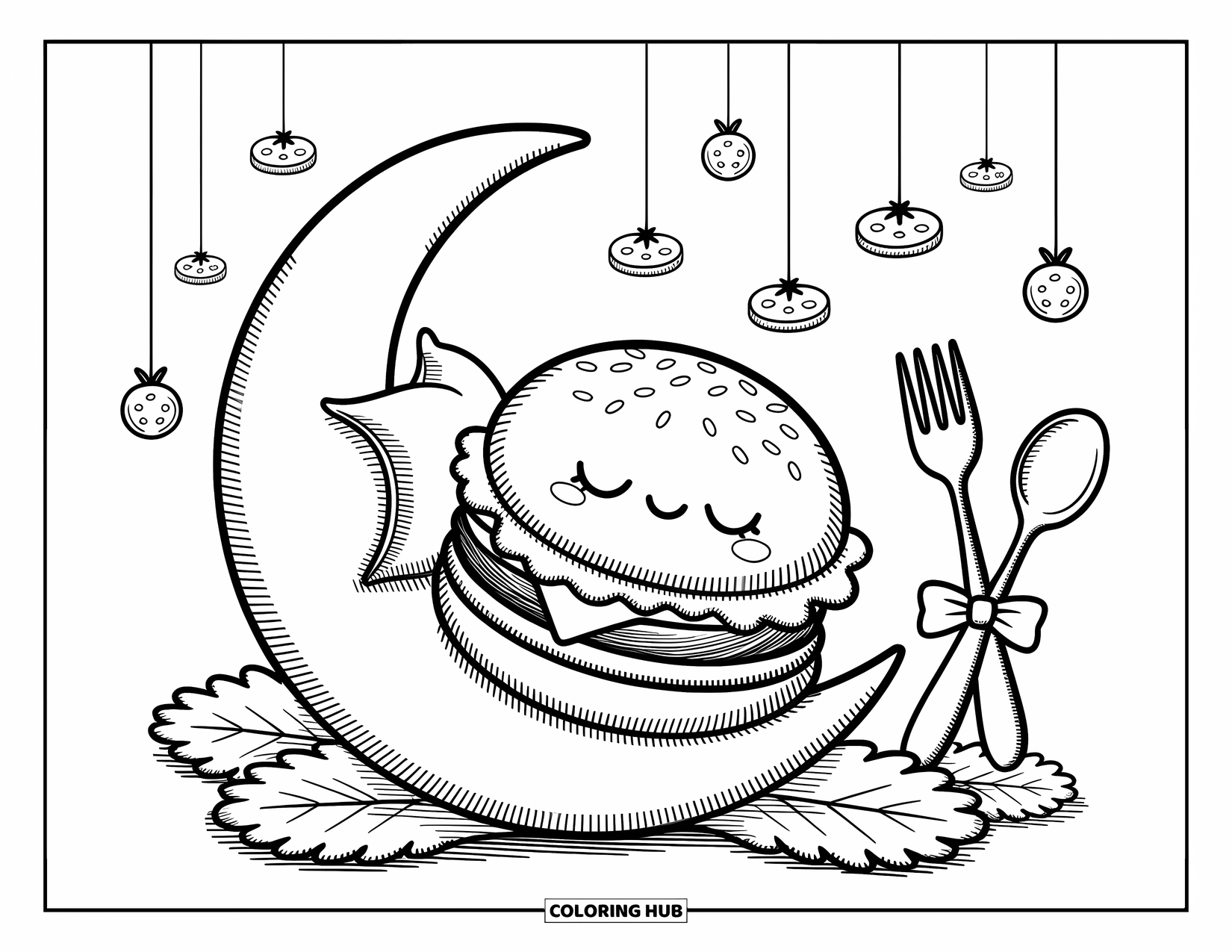 Hamburger Coloring Page for Adults: Tucked-in hamburger rests under spinning cheese and tomato mobiles on a moon plate