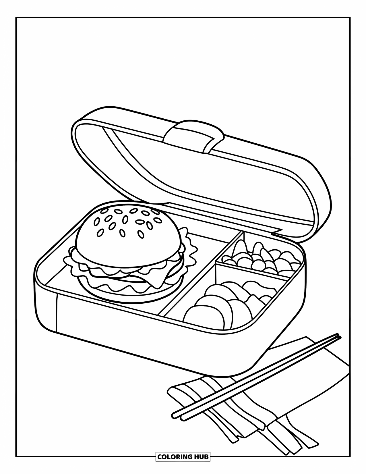 Hamburger Coloring Page for Kids: Bento box with burger, fruit, and edamame