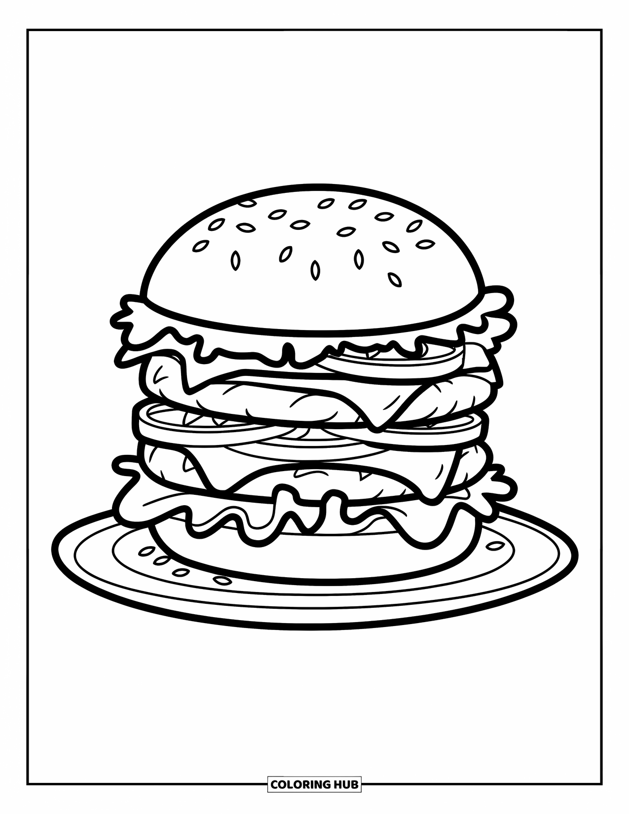 Hamburger Coloring Page for Kids: Big double burger with cheese and sauces on a plate