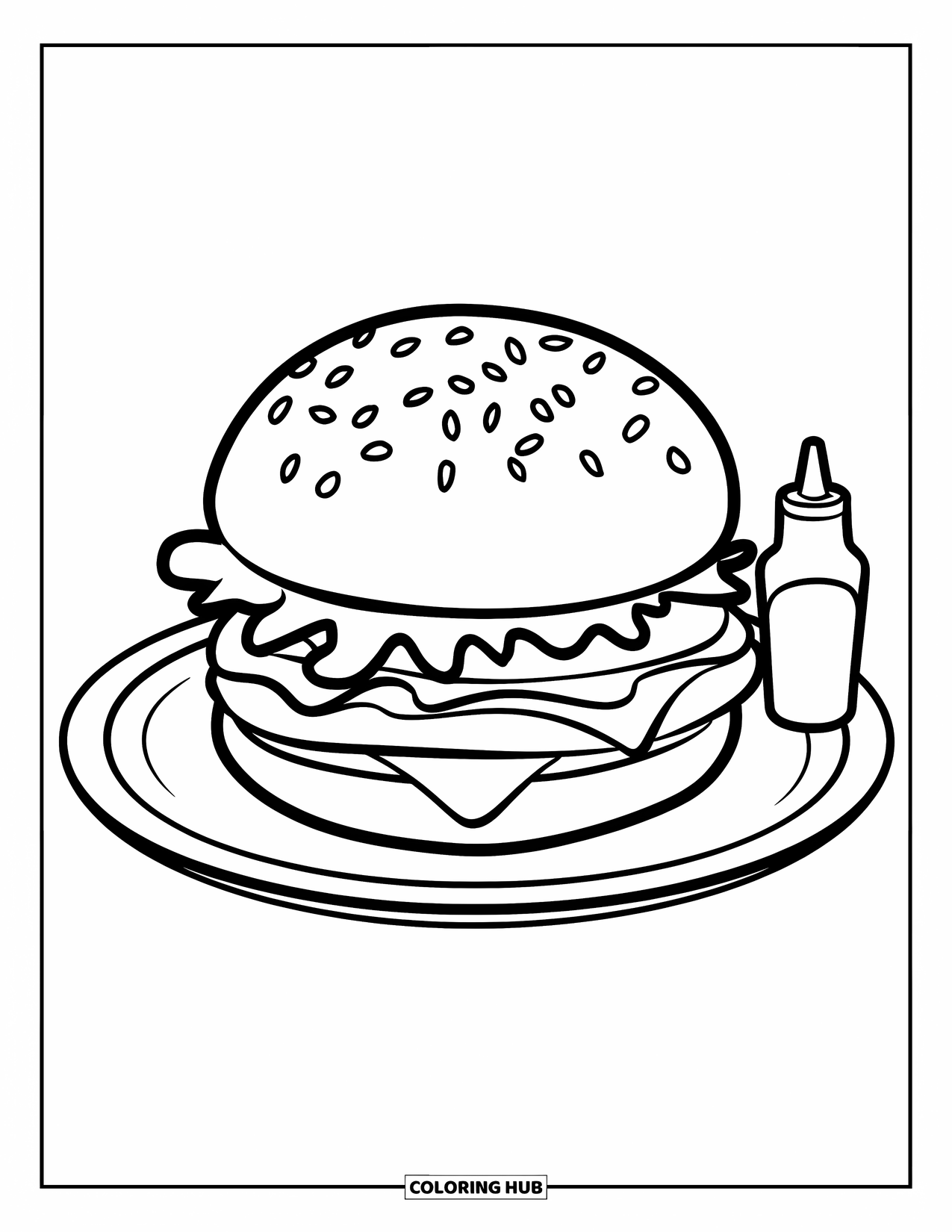 Hamburger Coloring Page for Kids: Big hamburger with a sesame bun and a small ketchup bottle on a plate