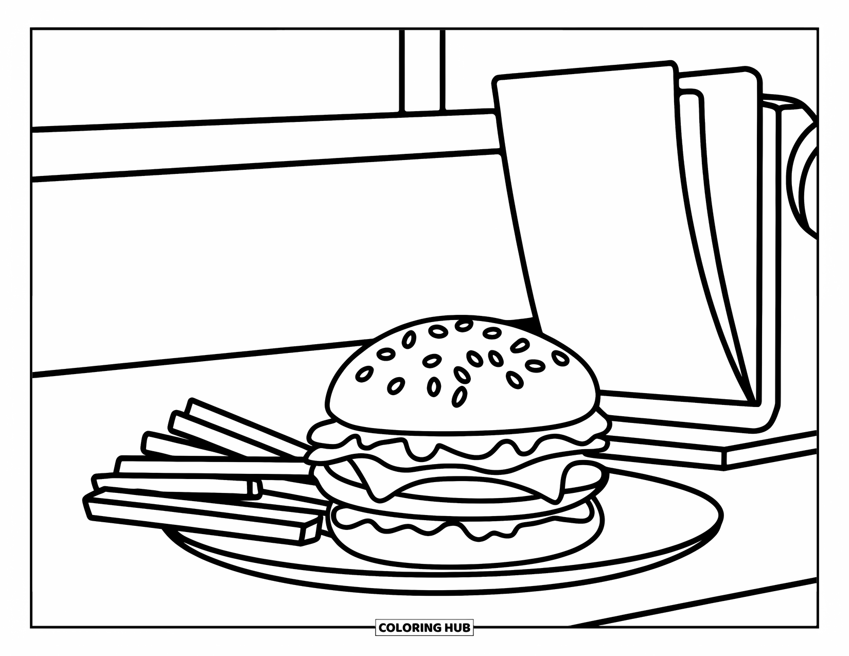 Hamburger Coloring Page for Kids: Burger and fries on a counter with napkin dispenser