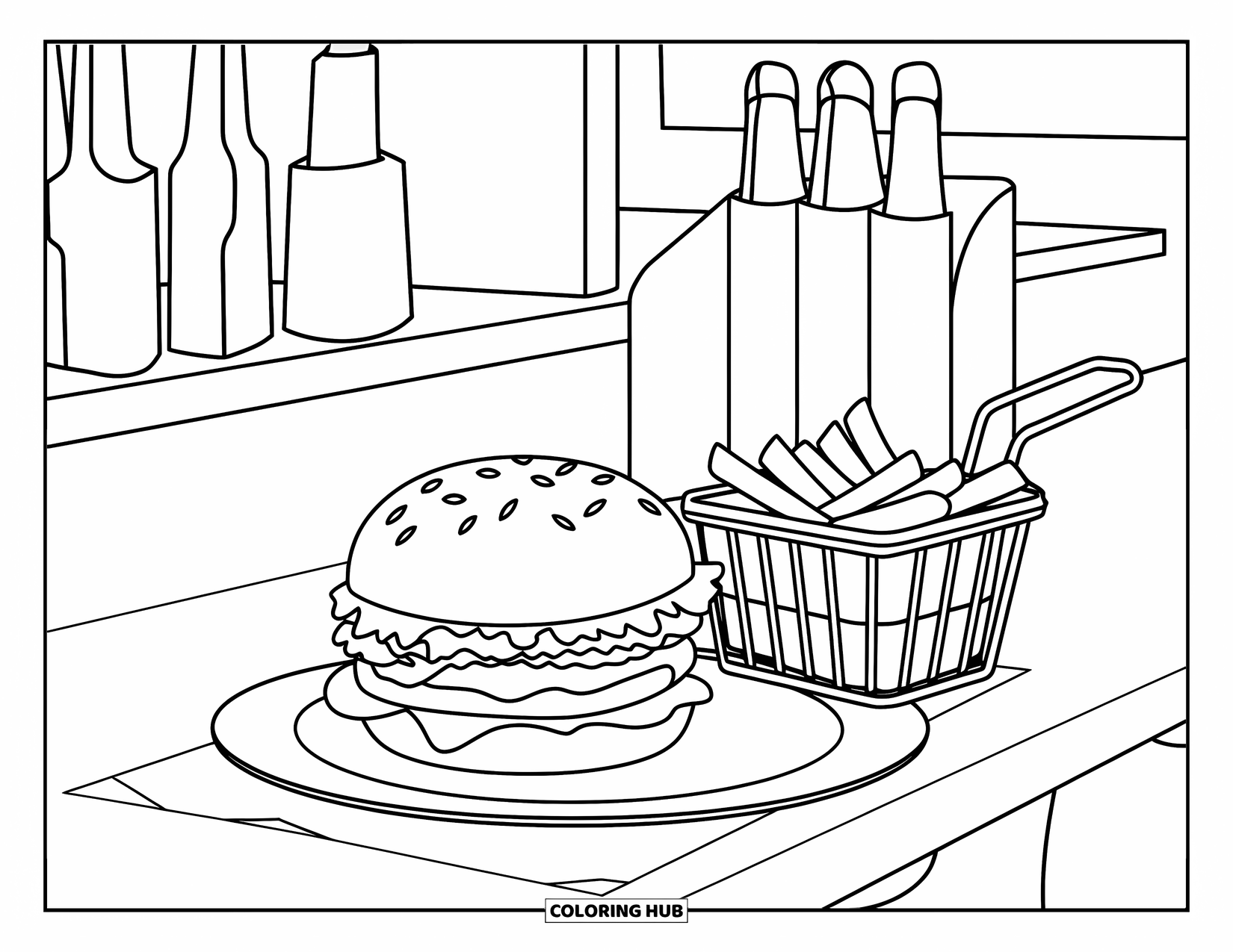 Hamburger Coloring Page for Kids: Burger and fries with ketchup and napkins on a diner counter