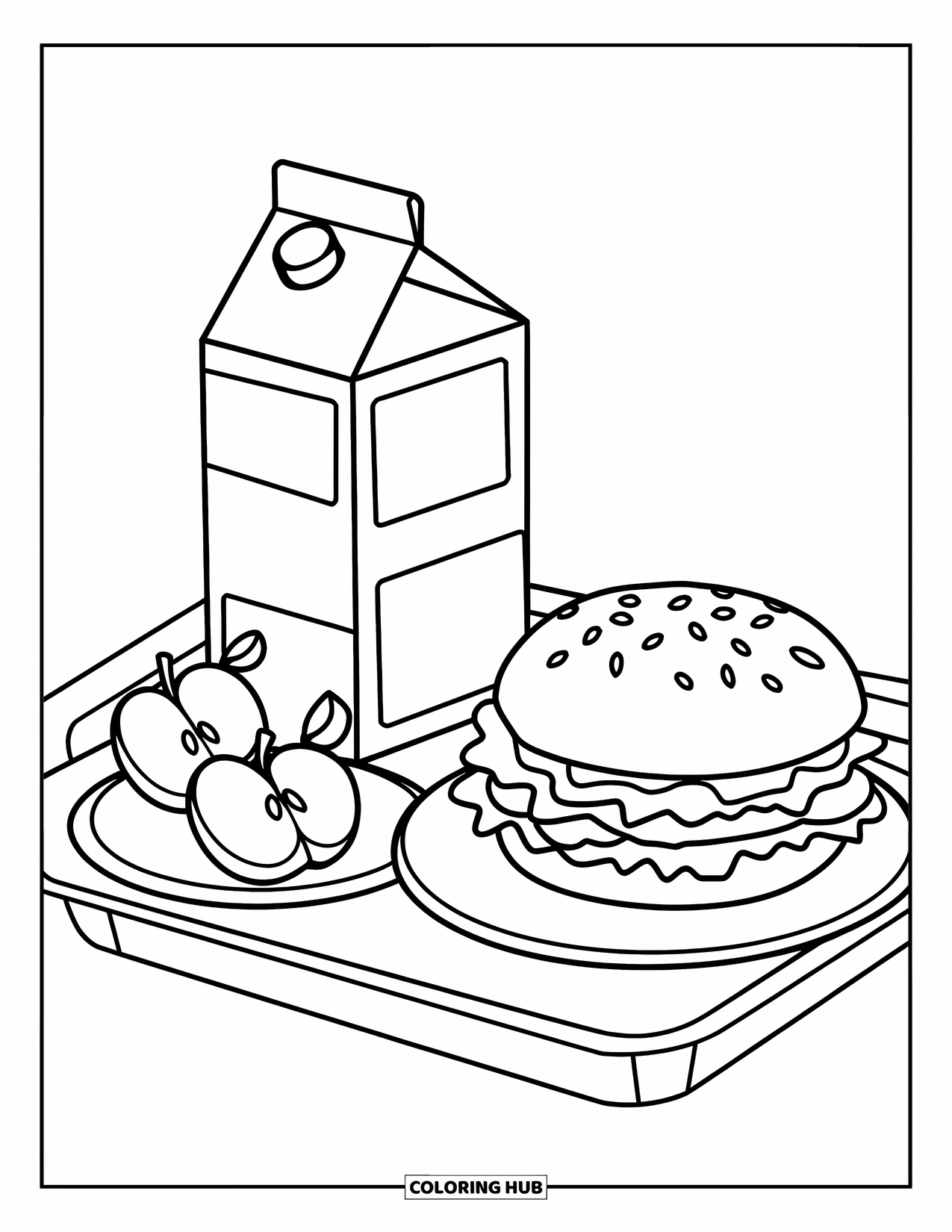 Hamburger Coloring Page for Kids: Burger lunch tray with milk and plastic-wrapped apples