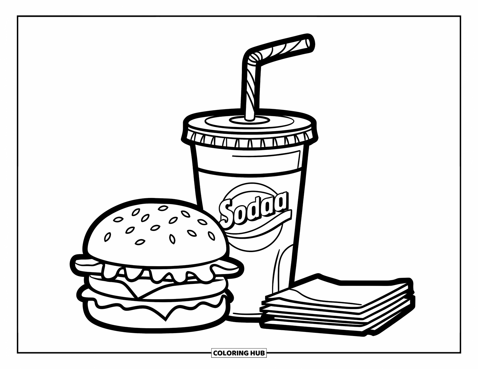 Hamburger Coloring Page for Kids: Burger, soda, and napkins neatly arranged together