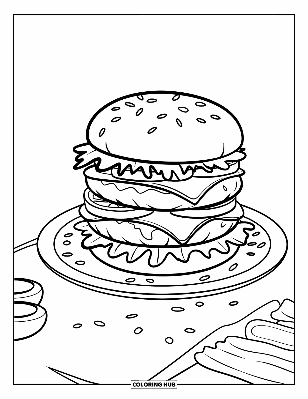 Hamburger Coloring Page for Kids: Burger with two patties and toppings on a plate