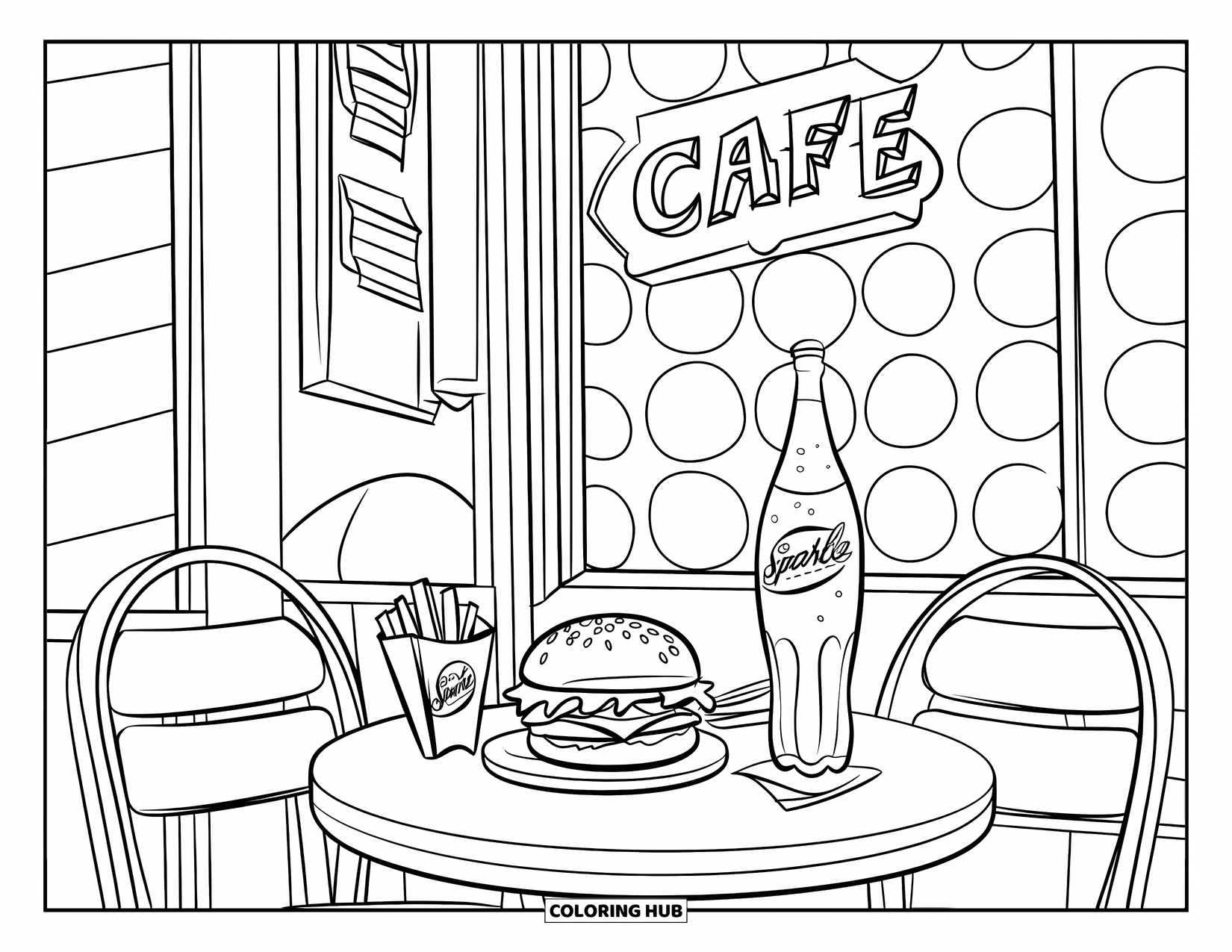 Hamburger Coloring Page for Kids: Cafe table with a burger, soda, and fries