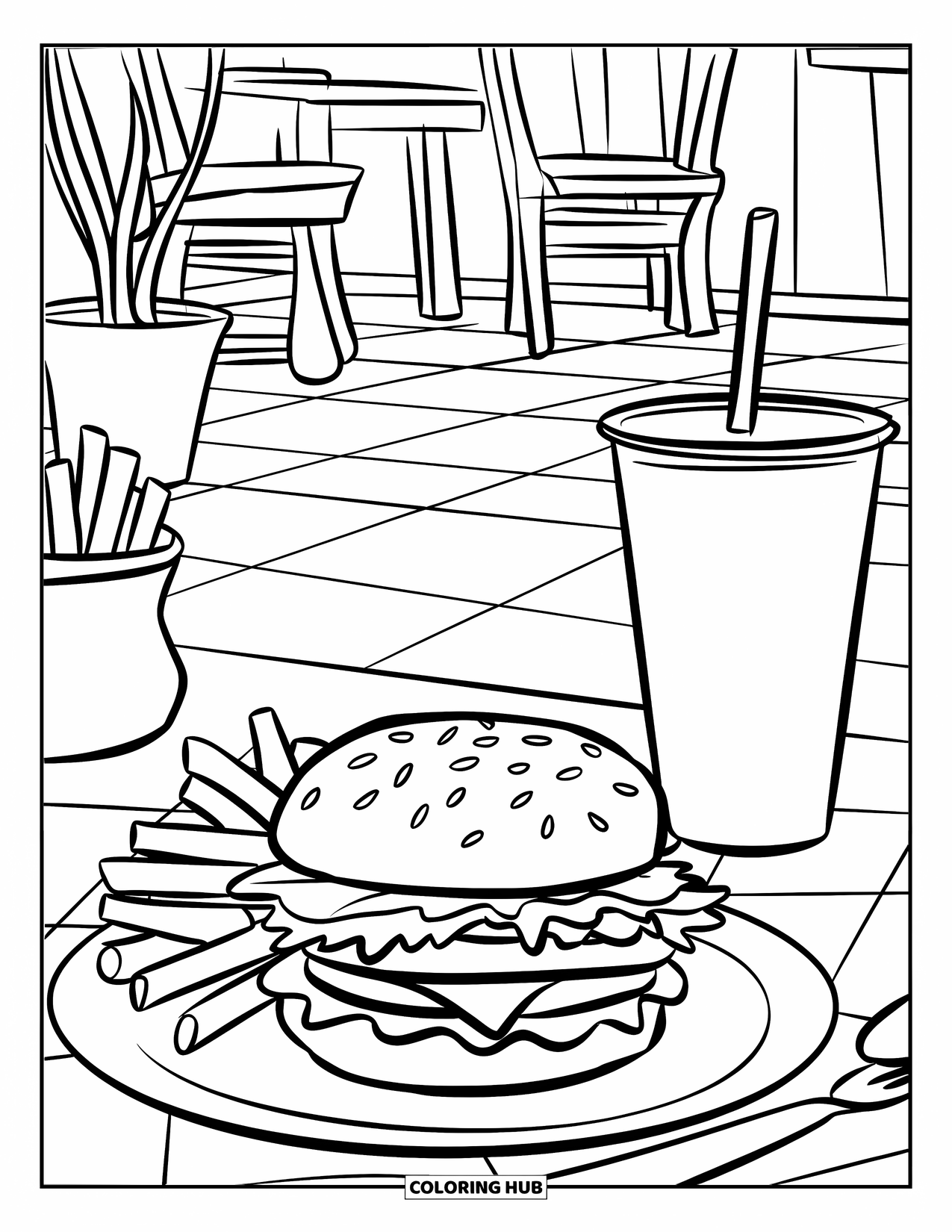 Hamburger Coloring Page for Kids: Cozy diner scene with a hamburger, fries, and a drink on a checkered floor