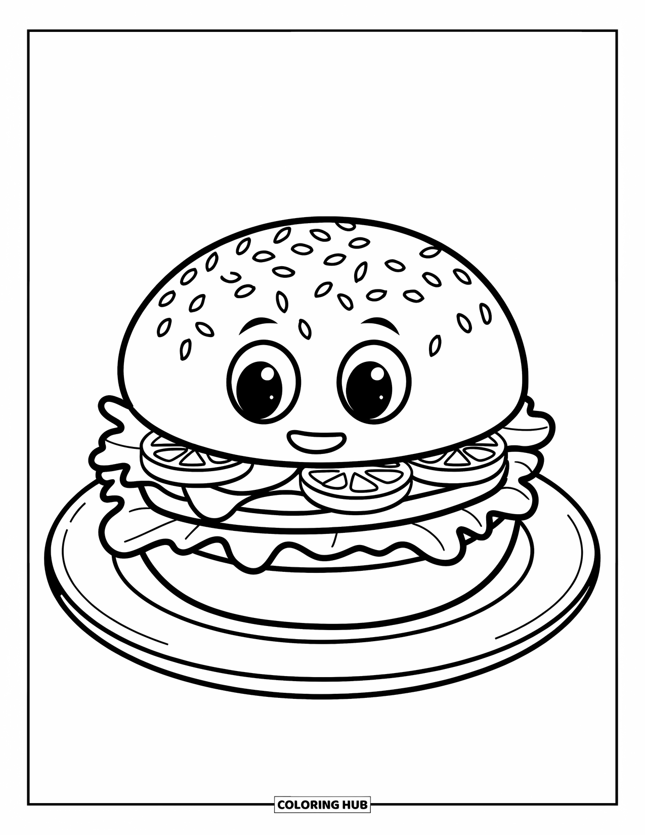 Hamburger Coloring Page for Kids: Cute hamburger with a smiley face made from lettuce and tomatoes