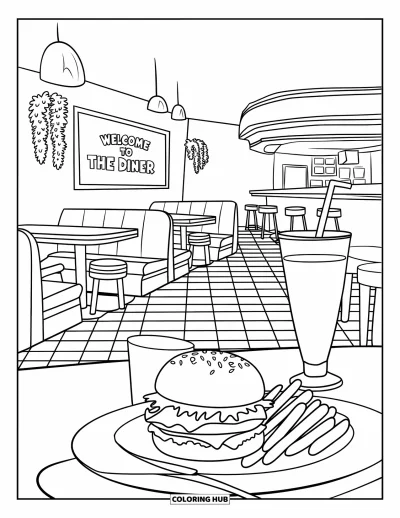 어린이를 위한 햄버거 색칠공부: 빨간 부스, 햄버거 세트, "Welcome to the Diner" 간판이 있는 다이너 장면