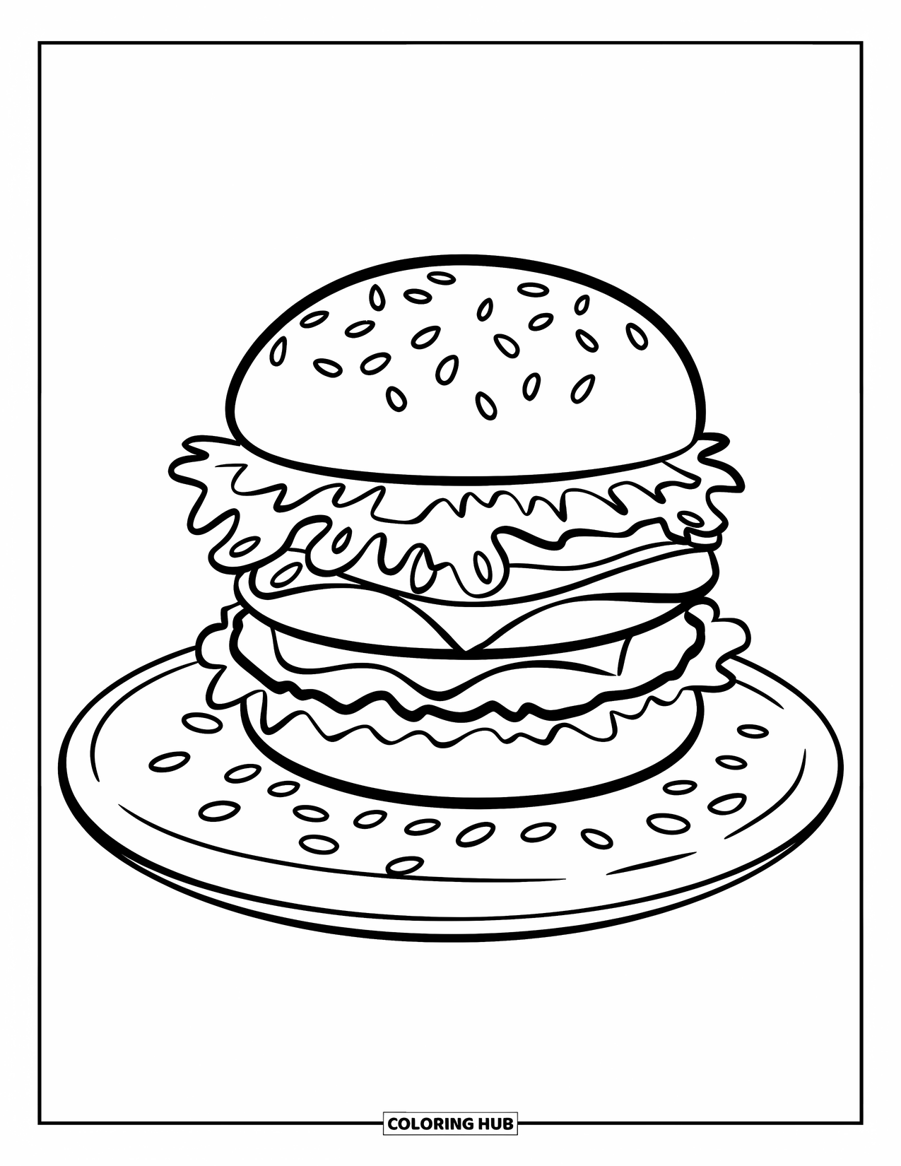 Hamburger Coloring Page for Kids: Double-layer burger on a plate with sesame seeds and sauce