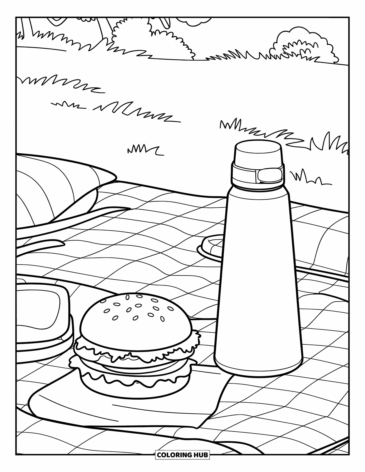 Hamburger Coloring Page for Kids: Grassy picnic with burger, thermos, and cozy blanket