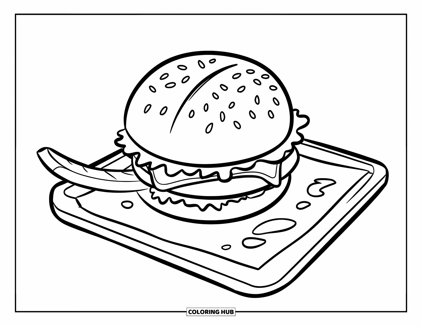 Hamburger Coloring Page for Kids: Hamburger with melted cheese and a fry on a tray with ketchup drops