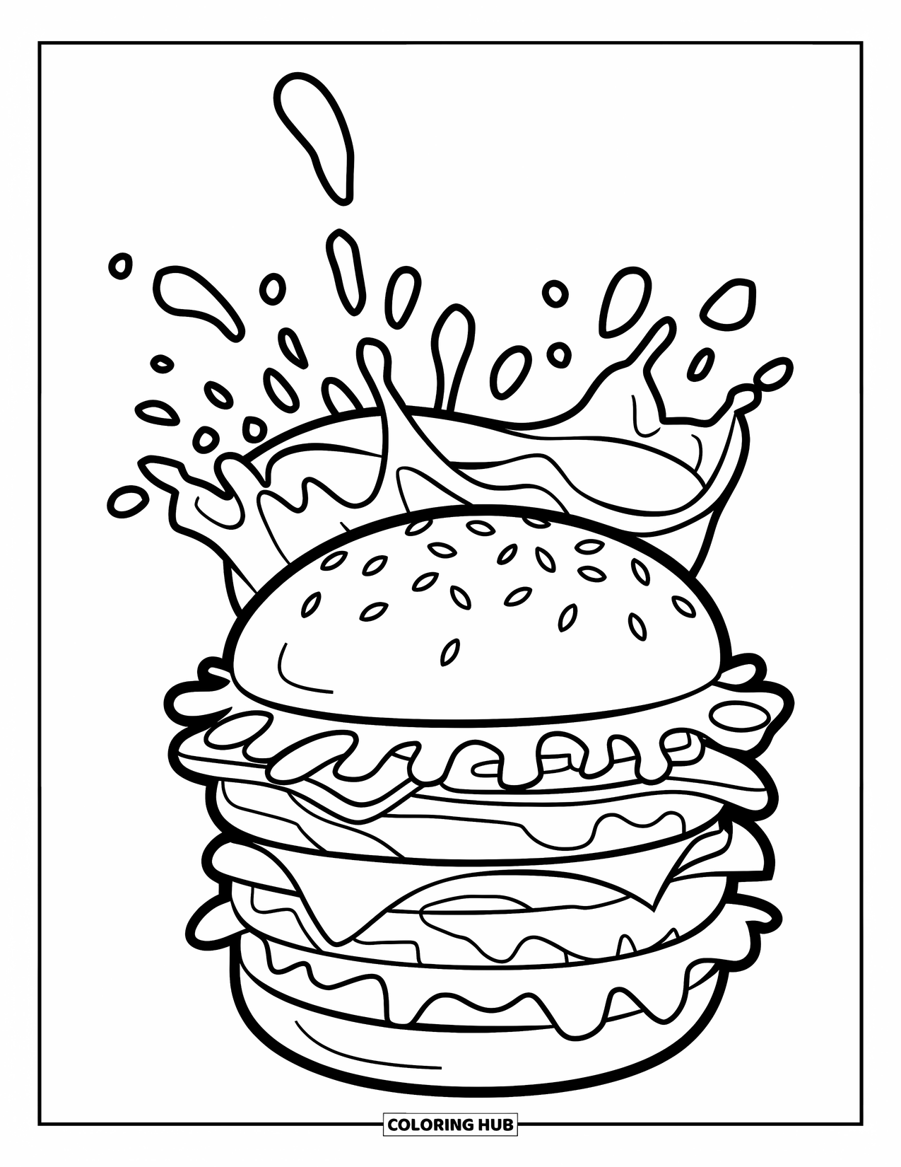Hamburger Coloring Page for Kids: Huge burger with toppings and a fizzy soda splash