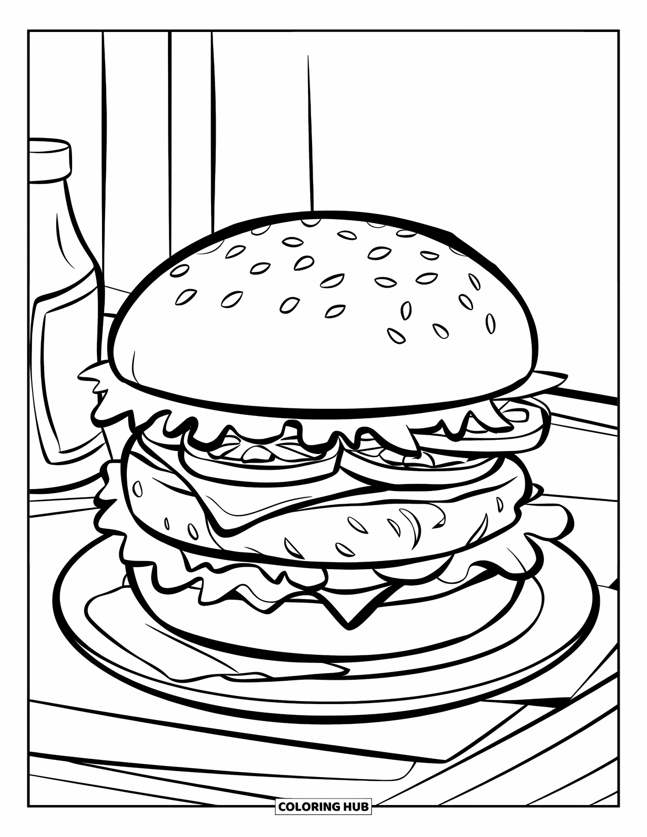 Hamburger Coloring Page for Kids: Juicy burger with fresh toppings and a tiny ketchup bottle on the plate