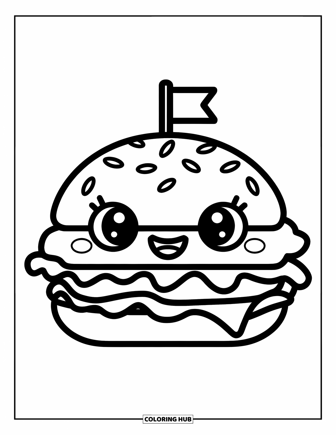 Hamburger Coloring Page for Kids: Kawaii hamburger with big eyes, a smile, and a tiny flag on top