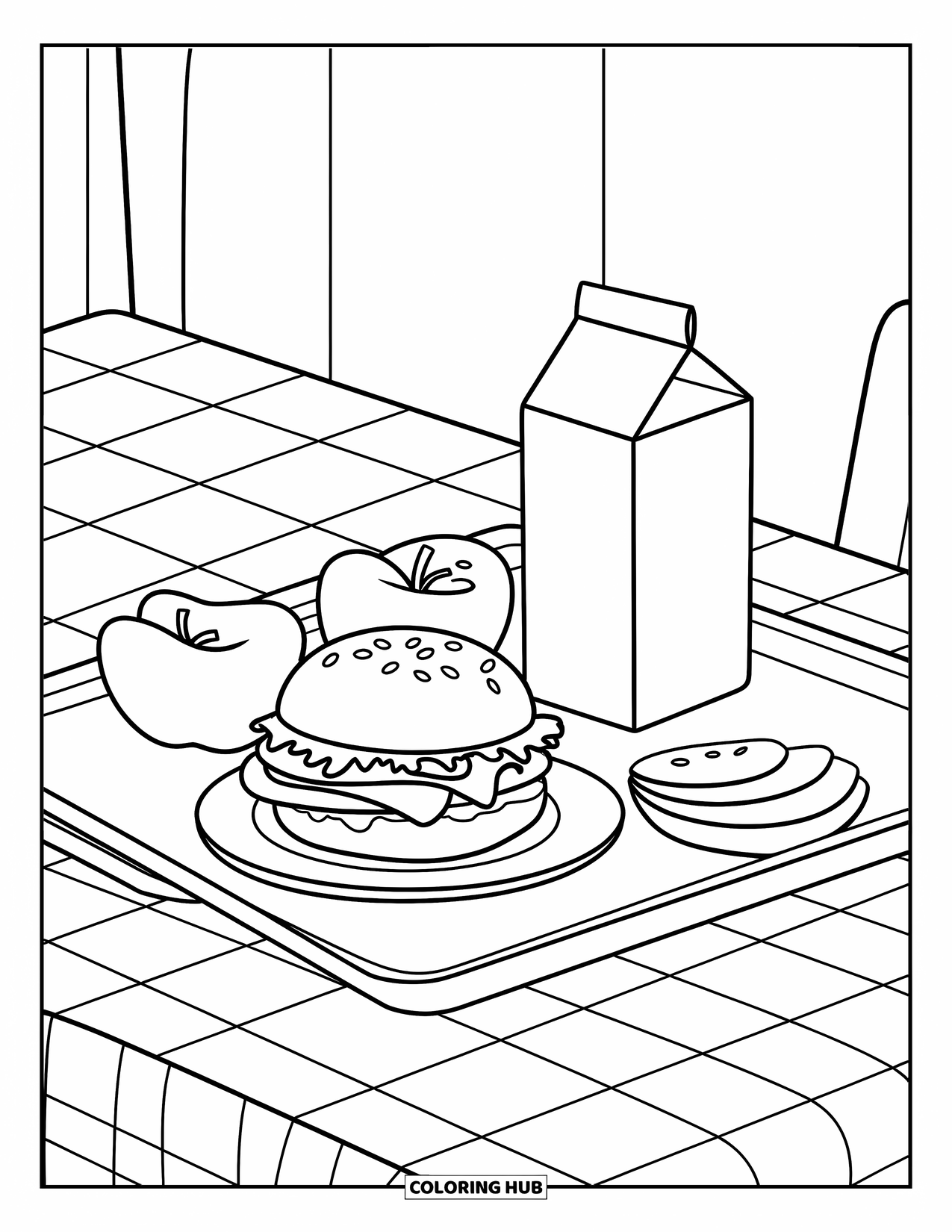 Hamburger Coloring Page for Kids: Lunch tray with burger, apples, and milk carton