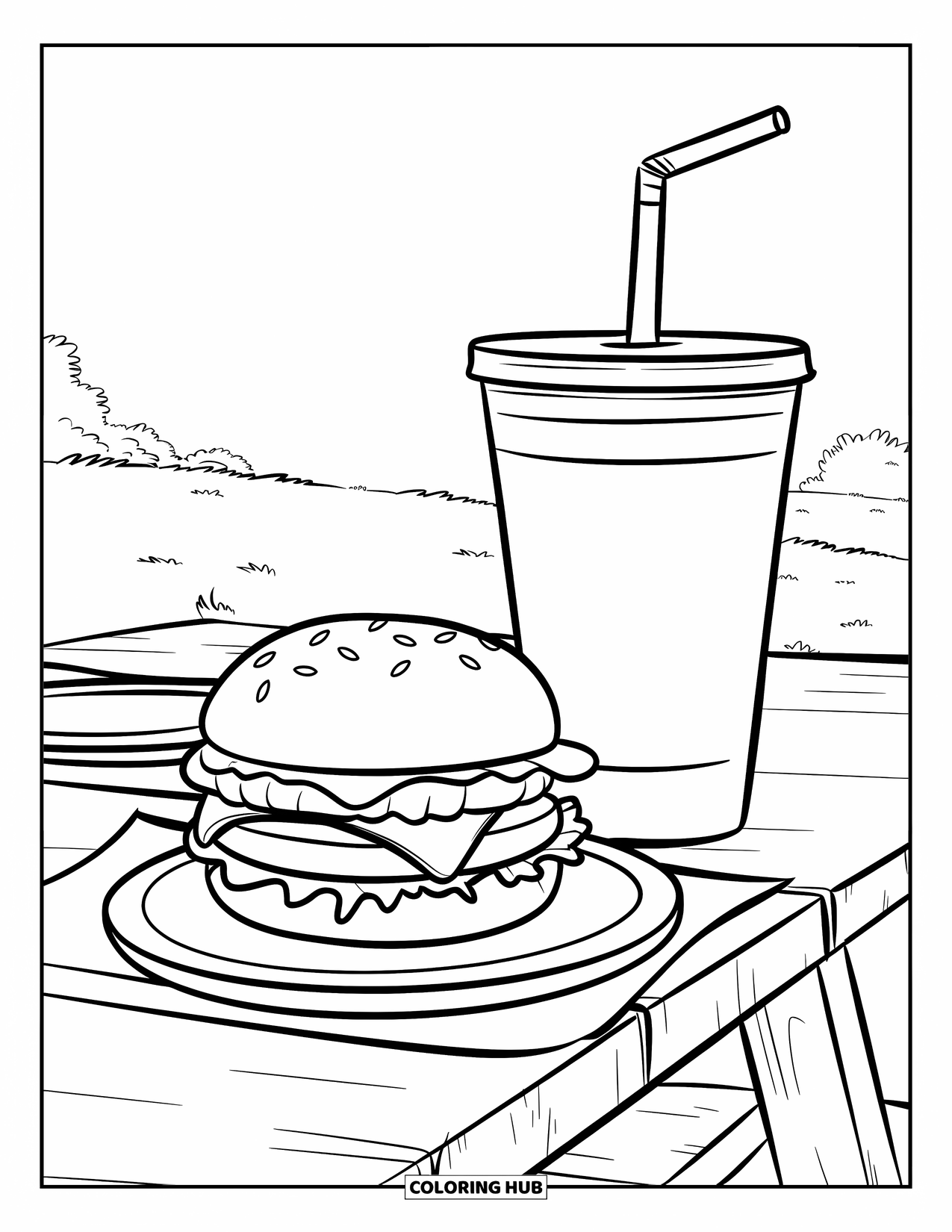Hamburger Coloring Page for Kids: Simple hamburger and drink on a picnic table in a green field with trees