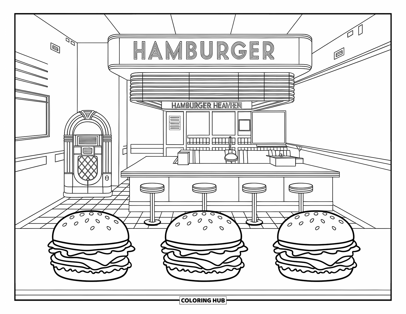 Hamburger Coloring Page for Kids: Vintage diner with burgers, jukebox, and checkered floors
