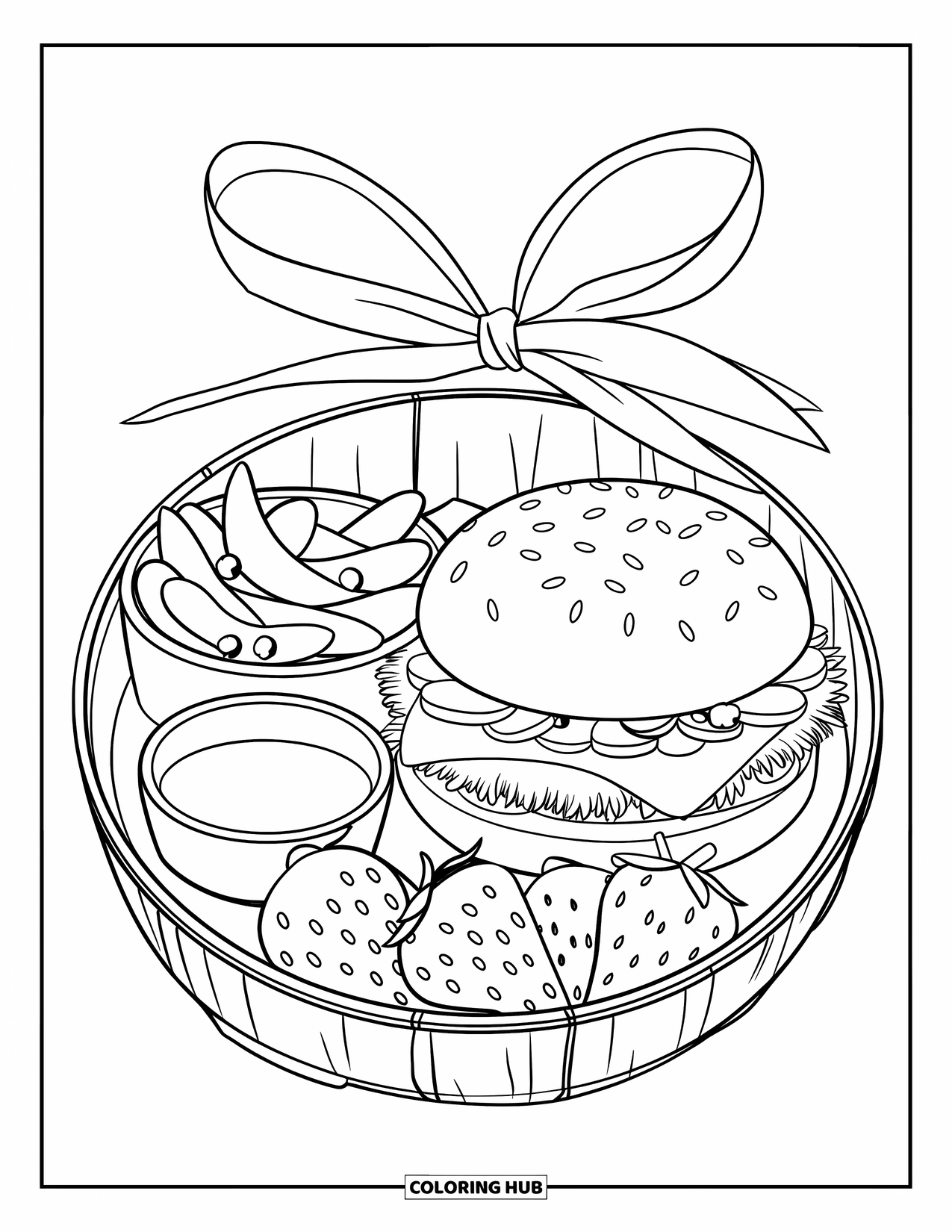 Hamburger Coloring Page for Kids: Wrapped bento with burger, fruits, and soy sauce