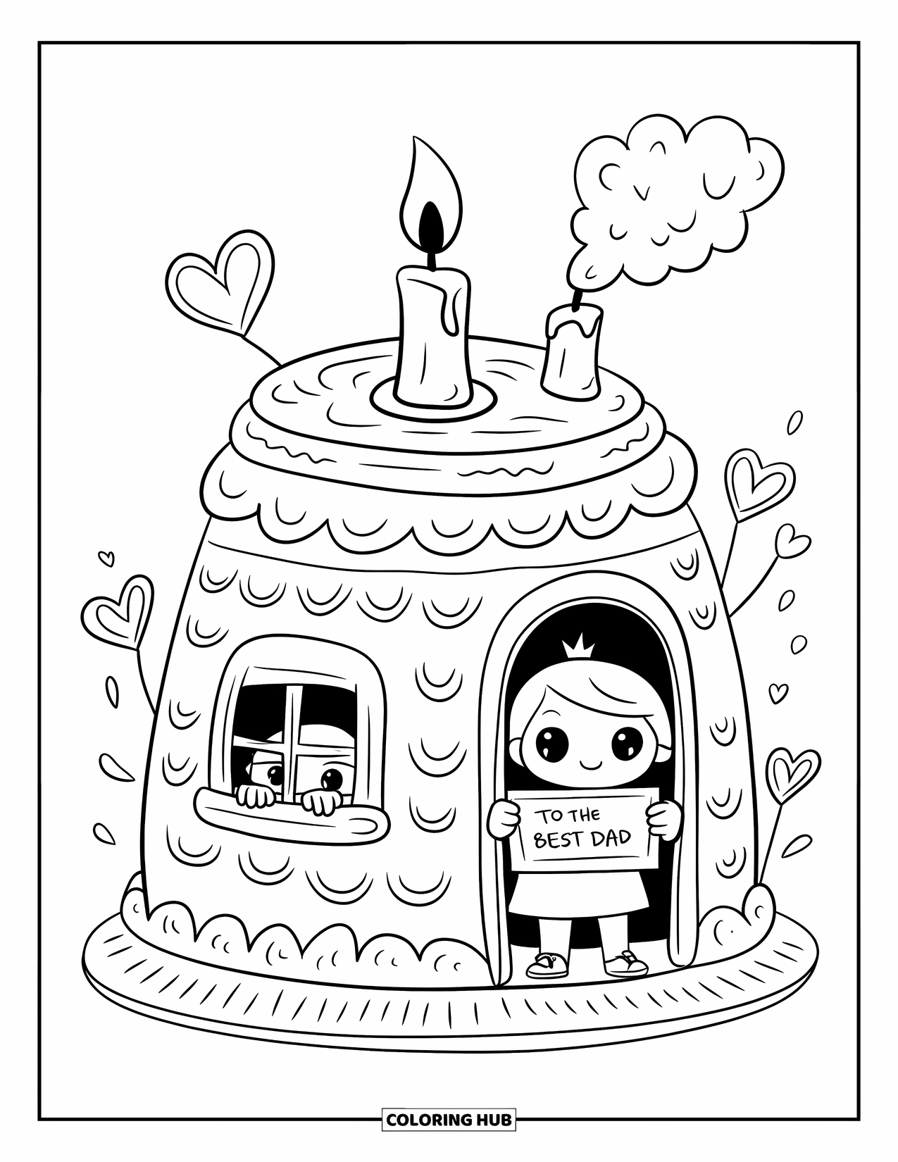 Happy Birthday Dad Coloring Page for Adults: A birthday cake becomes a cozy house as Dad peeks out and the child holds a sign