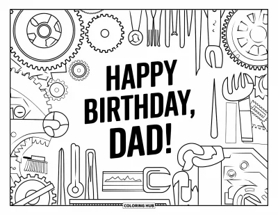 Fargeleggingsark med «Gratulerer med dagen, pappa» for voksne: Et tydelig «Happy Birthday, Dad!» skiller seg ut i et collage av verktøy og maskinvare