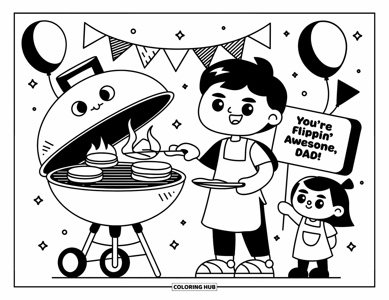 Happy Birthday Dad Coloring Page for Adults: A chibi dad flips pancakes while a child holds a "You're Flippin' Awesome, Dad!" card