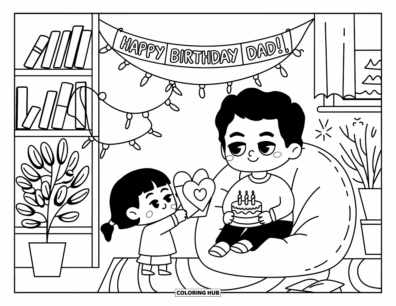 Happy Birthday Dad Coloring Page for Adults: A cozy moment as a child gives Dad a heart card beneath a birthday banner