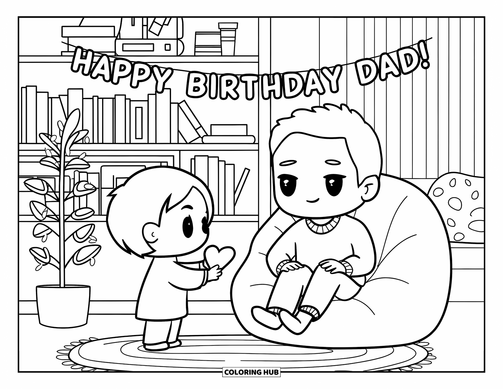 Happy Birthday Dad Coloring Page for Adults: A heartwarming scene where a child surprises Dad with a card in a comfy room