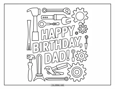 Fargeleggingsark med «Gratulerer med dagen, pappa» for voksne: En livlig samling verktøy og tannhjul fremhever en hjertelig «Happy Birthday, Dad!»-melding