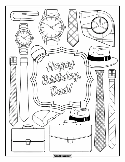 Fargeleggingsark med «Gratulerer med dagen, pappa» for voksne: En blanding av slips, hatter og kofferter omgir «Happy Birthday, Dad!» med stil