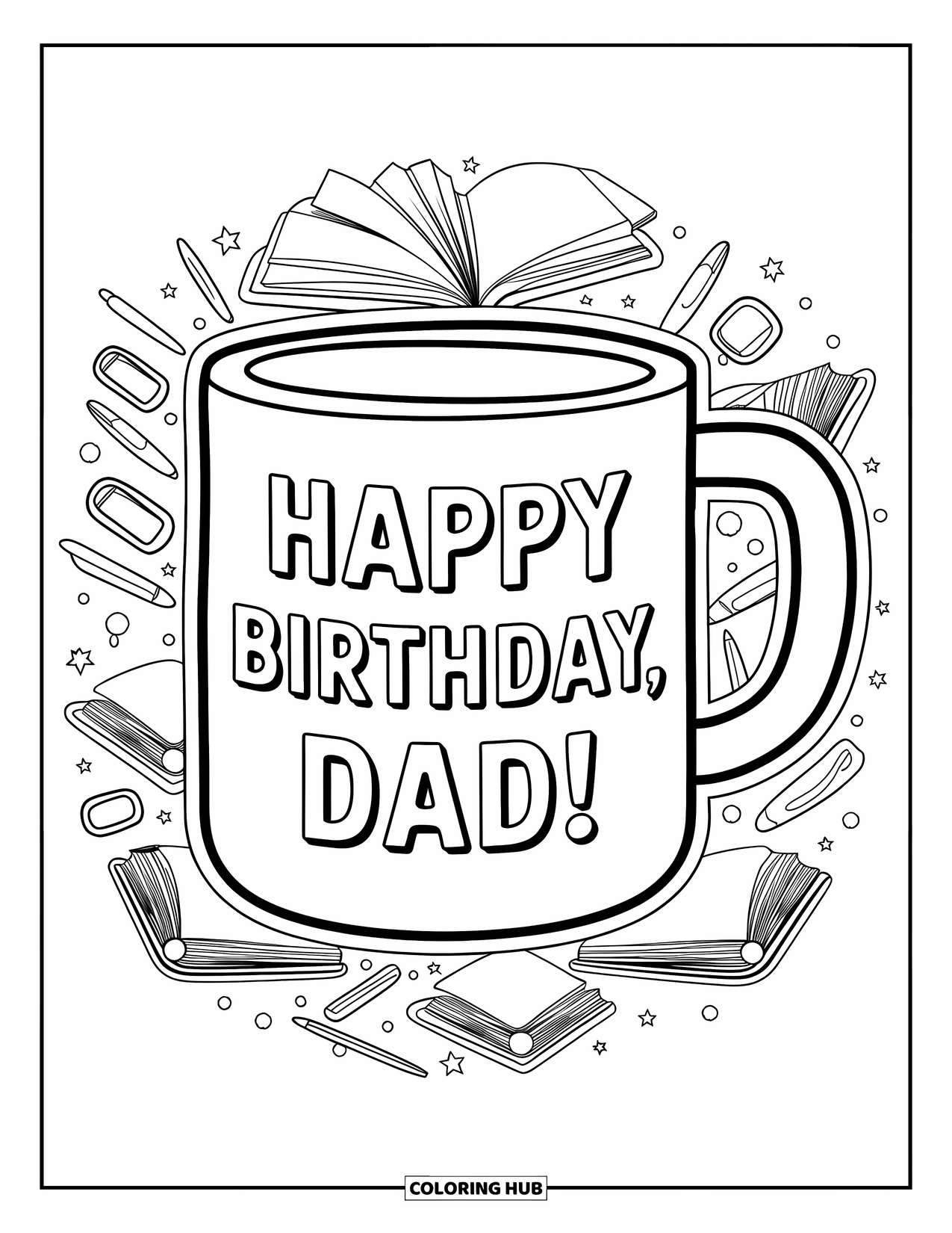 Happy Birthday Dad Coloring Page for Adults: A retro mug with "Happy Birthday, Dad!" is surrounded by books and glasses