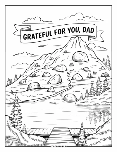 Fargeleggingsark med «Gratulerer med dagen, pappa» for voksne: En steinete fjellsti slynger seg under et banner med «Grateful for You, Dad»