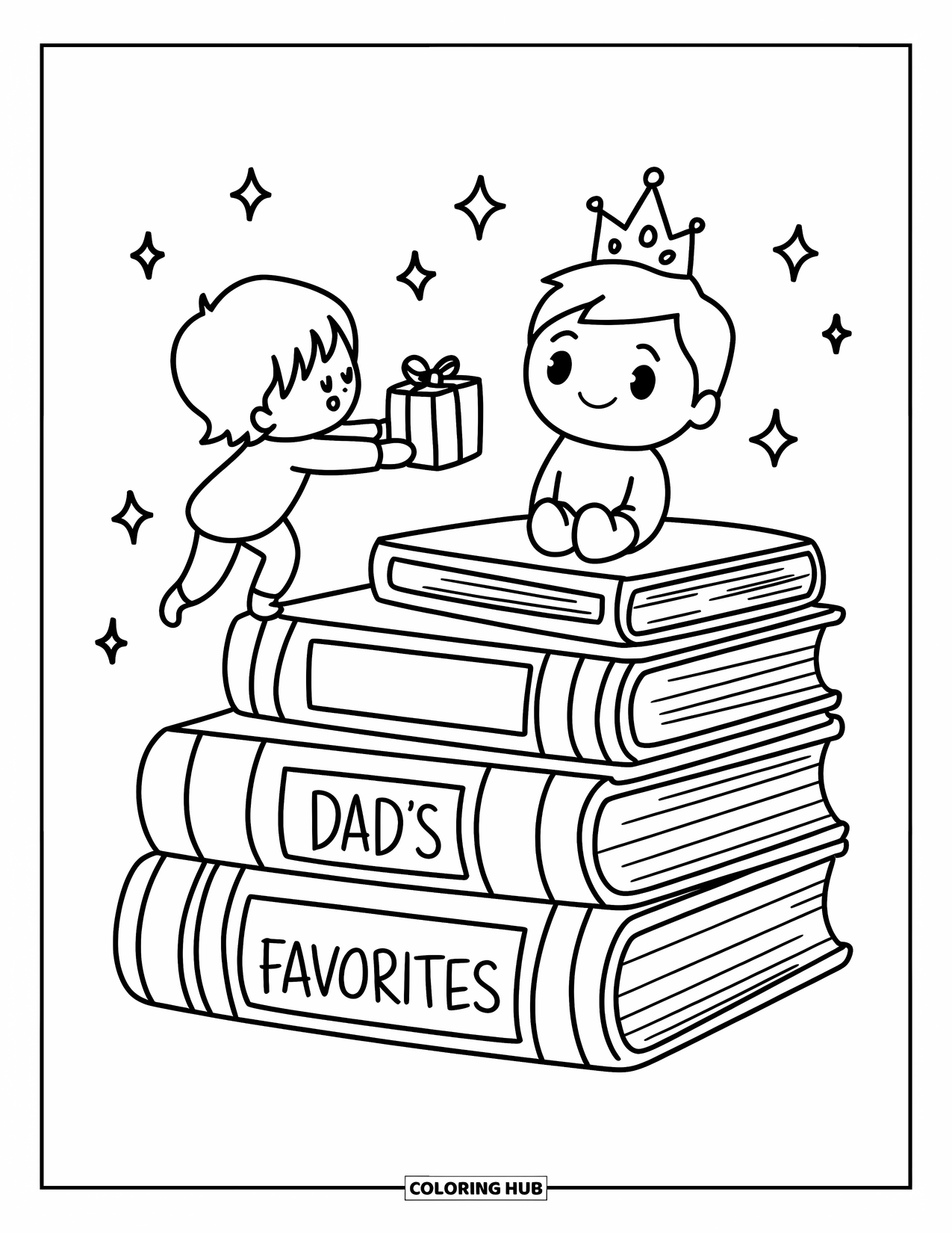 Happy Birthday Dad Coloring Page for Adults: A tiny gift travels up book stacks as Dad waits proudly in his birthday crown