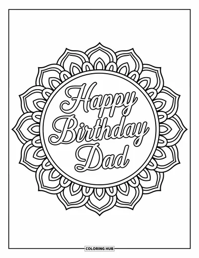 Fargeleggingsark med «Gratulerer med dagen, pappa» for voksne: En intrikat mandala innrammer ordene «Happy Birthday Dad» i flytende skrift